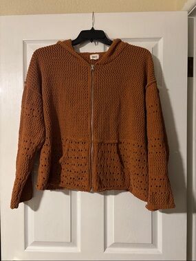 BKE Rust Openwork Knit Zip Hoodie Sweater M